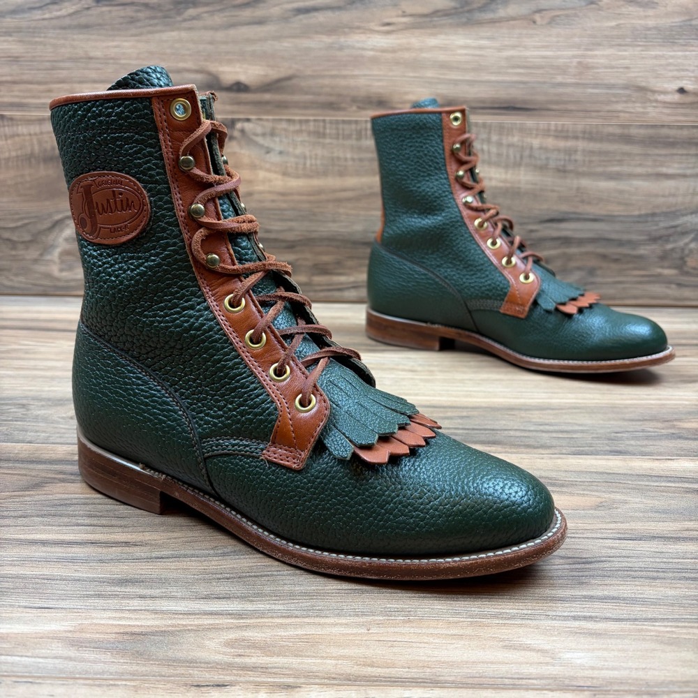 VTG Justin Lacer Womens 7B Green USA Made 90s Ranch Farm Western Boots L0553